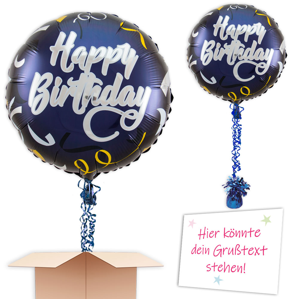 Happy Birthday Ballongruß in dunkelblau mit Termin u. Wunschadresse