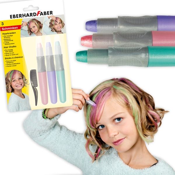 Haarkreide Set Pearl, Pink, Lila, Grün, mit Kamm