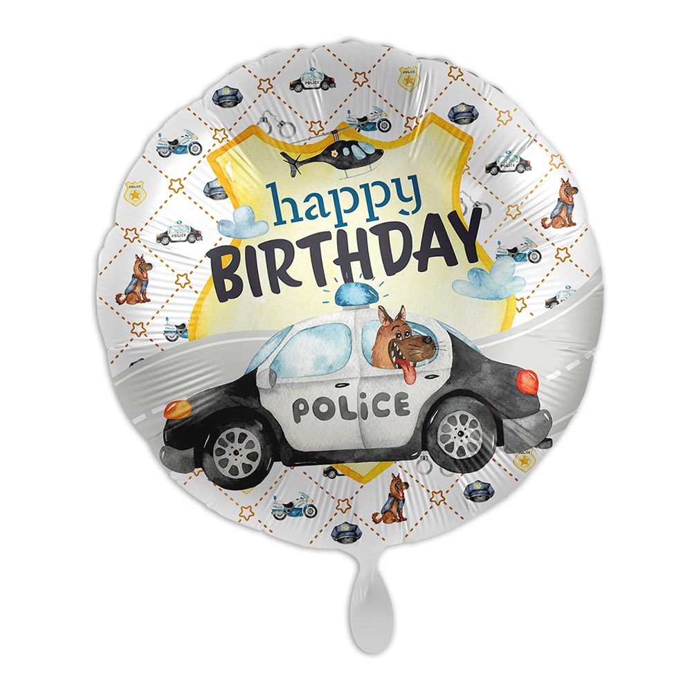 Ballongruß Polizei "Happy Birthday" Polizeiauto u. Hubschrauber, rund Ø 35cm