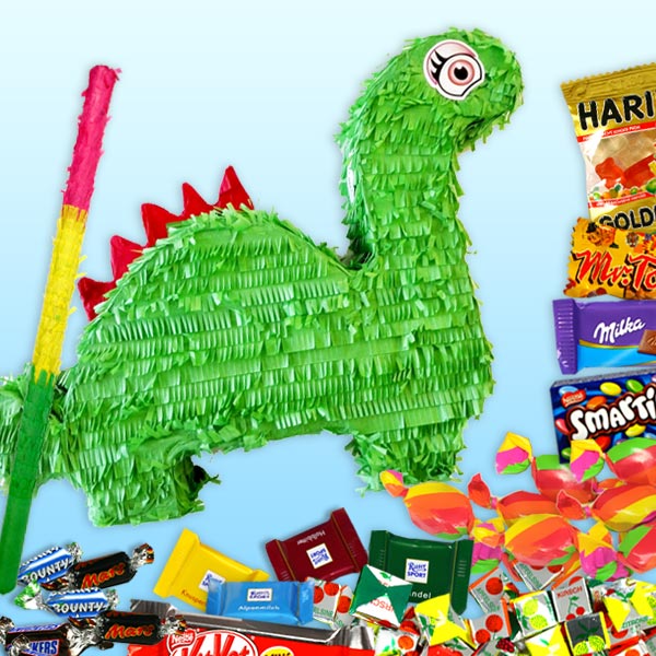 Dinosaurier Pinata-Set mit Keule und Süßigkeiten-Mix