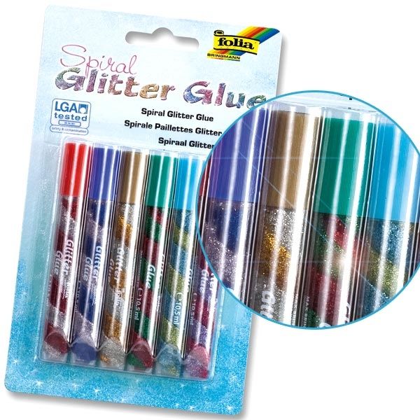 Glitter-Glue Spiralen Standard, 6er Pack, mit eingedrehten Farben, Bastel-Idee, Glitzer Klebstoff