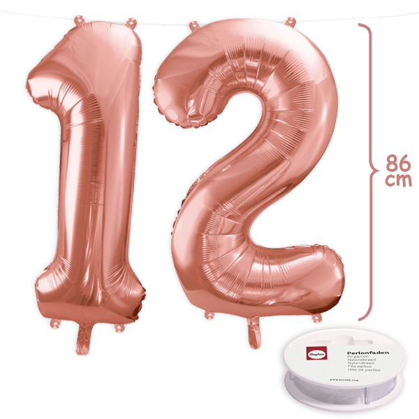 12. Geburtstag, XXL Zahlenballon Set 1 & 2 in roségold, 86cm hoch