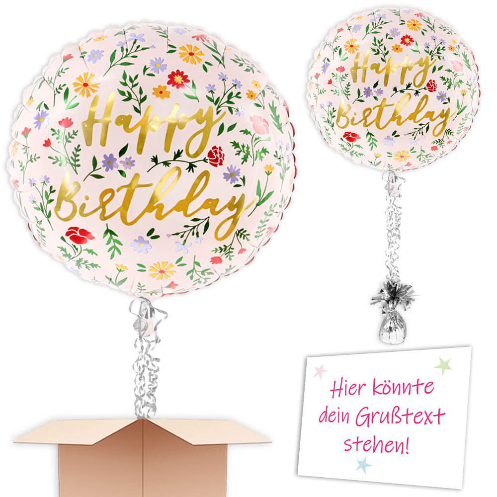 "Happy Birthday" mit Blumenmuster, Ballongruß verschicken, Ø 35cm