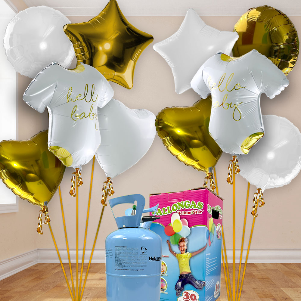 Hello Baby Heliumballon Set gold-weiß mit 10 Folienballons inkl. Heliumgas