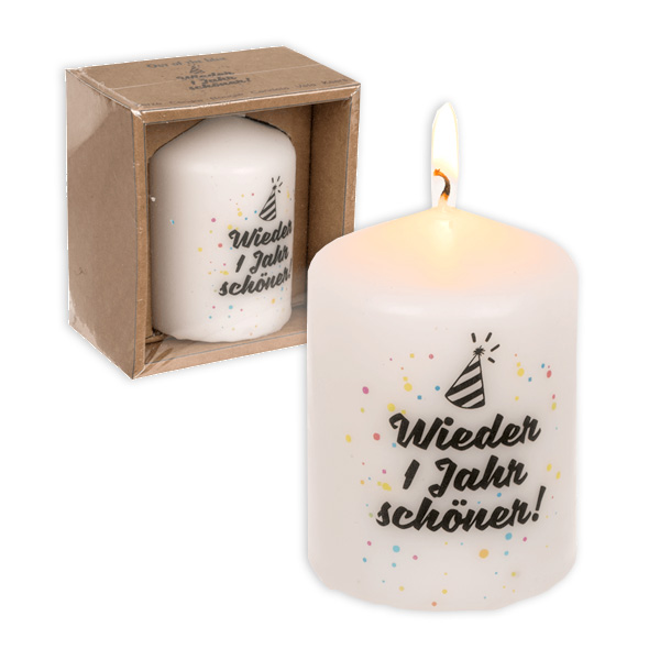 Motiv-Kerze "Wieder 1 Jahr schöner" in Geschenkbox, 8cm