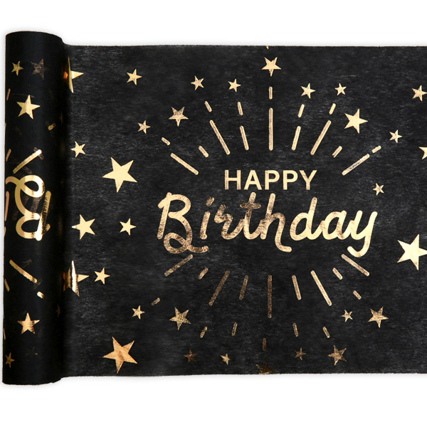 Tischläufer "Happy Birthday" in schwarz-gold aus Polyester, 5m x 30cm