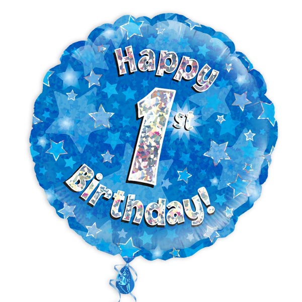 Ballongruß "1st Birthday Blau Glitzer", Folienballon im Karton