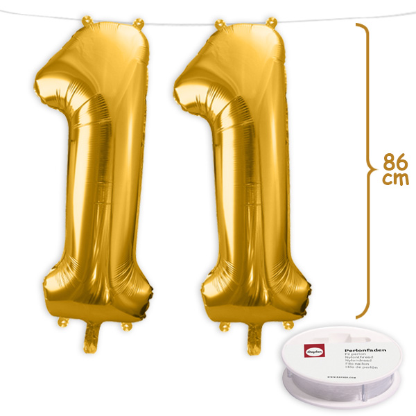11. Geburtstag, XXL Zahlenballon Set 2 x 1 in gold, 86cm hoch
