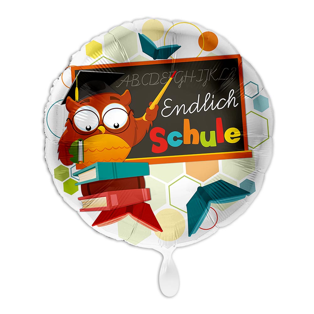 Ballon Einschulung "Endlich Schule", Motiv Eule, Folienballon rund Ø 34 cm