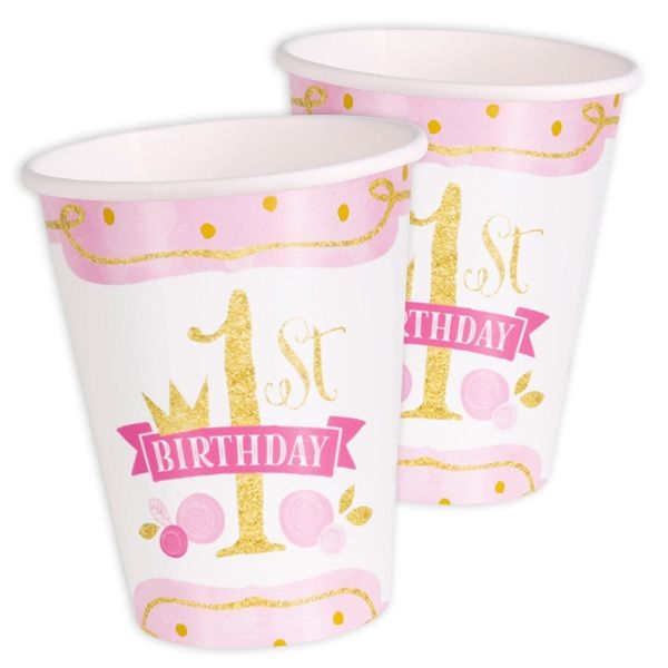 "1st Birthday", Pappbecher in pink & gold, 8 Stück