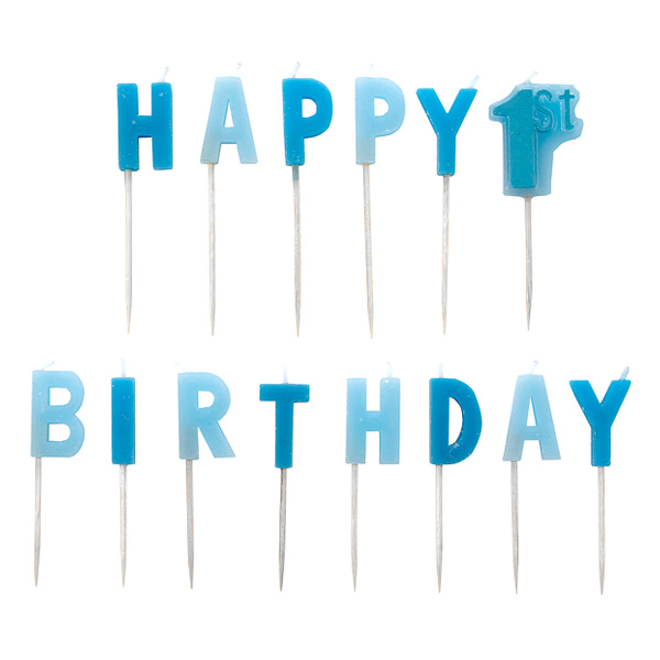 Picker-Kerzen "Happy 1st Birthday" in blau, 14-teilig, 2,5cm hoch