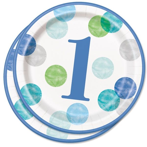 Teller rund Blue Dots, 1. Geburtstag 8er,Pappe,22cm