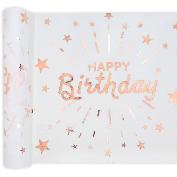 Tischläufer "Happy Birthday" in weiß-roségold aus Polyester, 5m x 30cm