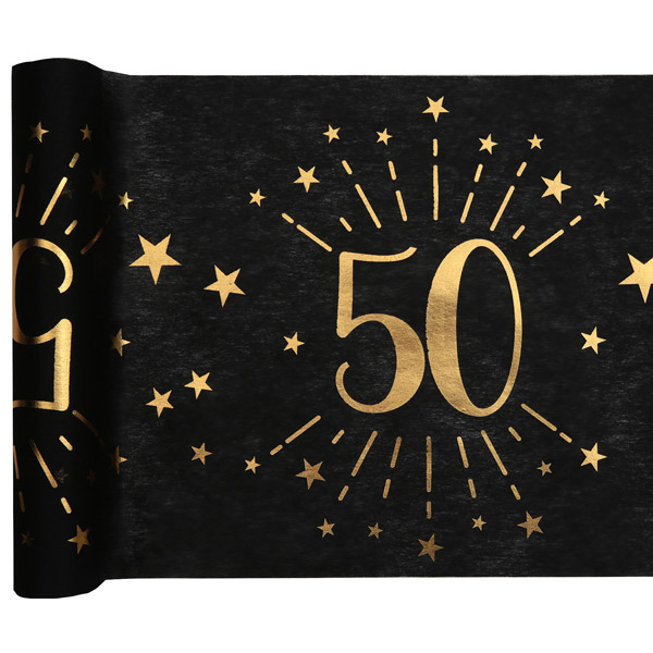 Tischläufer "50" in schwarz-gold aus Polyester, 5m x 30cm