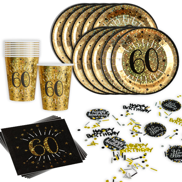 Basicset zum 60. Geburtstag in schwarz-gold glitzernd, 31-teilig für 10 Gäste