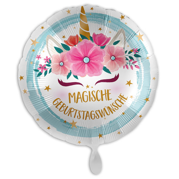 "Magische Geburtstagswünsche", Folienballon rund mit Einhorn-Motiv, Ø 34cm