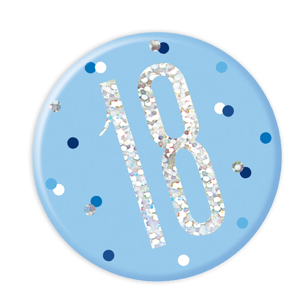 Zahl 18 Glitzer-Button in blau, 7,5cm, mit Anstecknadel