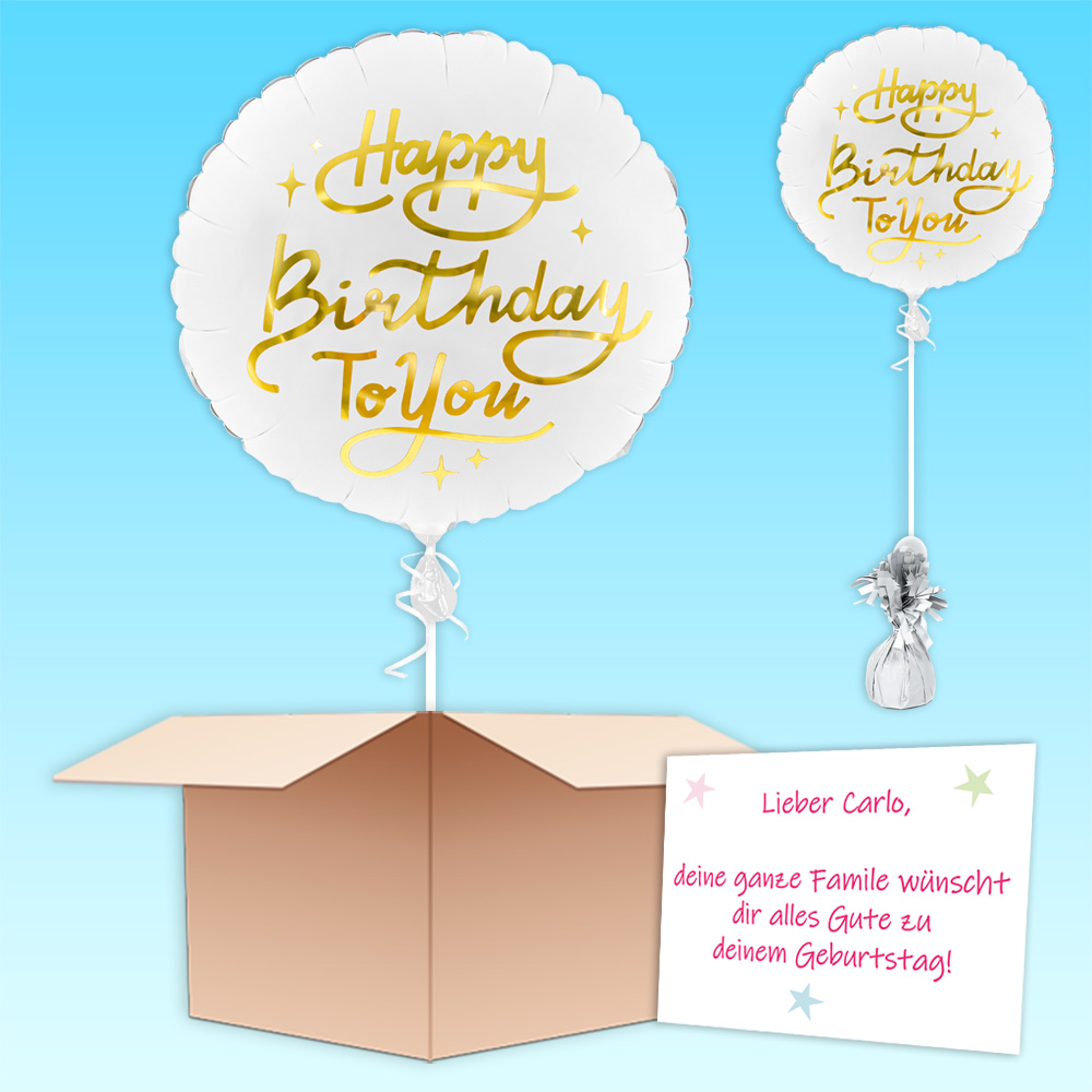 Ballon-Gruß "Happy Birthday to You" in weiß-gold, Folienballon im Karton