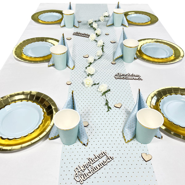 Tischdekoset Herzlichen Glückwunsch Blau Gold-Gepunktet, 10 Gäste, 57-tlg.