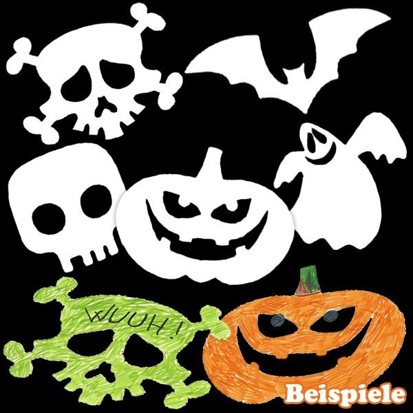 Halloween-Pappmotive mit Kürbis, Fledermaus und Totenkopf, 16 Stück