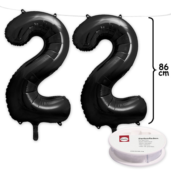 22. Geburtstag, XXL Zahlenballon Set 2 x 2 in schwarz, 86cm hoch