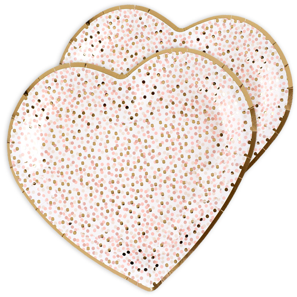 Pappteller in Herzform, mit Punkten in rosa und gold, 10er Pack