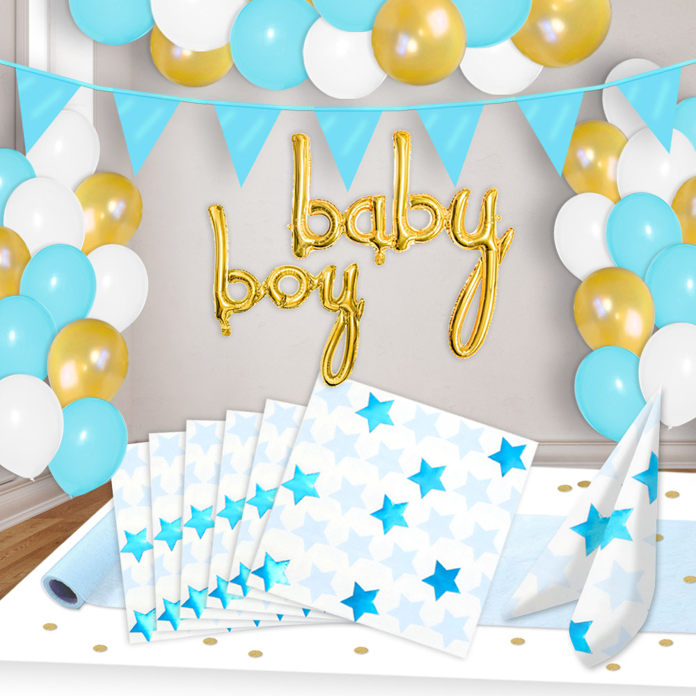 Baby Boy Raum+Tischdeko Spar Set bis 16 Gäste, blaue Sternchen, 50-tlg.