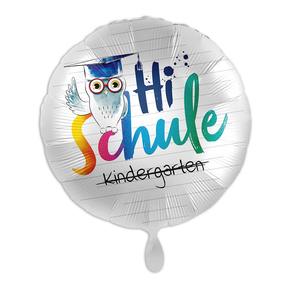 Folienballon Einschulung "Hi Schule" mit Eulenmotiv gefüllt u. Karte