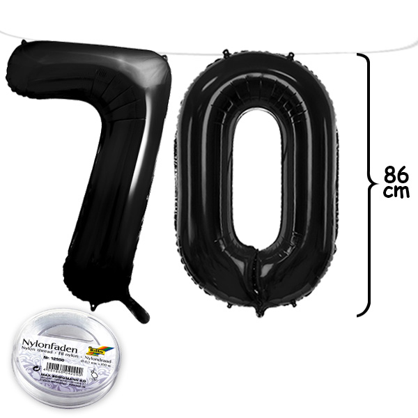 70. Geburtstag, XXL Zahlenballon Set 7 & 0 in schwarz, 86cm hoch