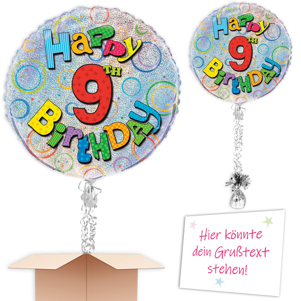 Termin u. Wunschadresse, Happy 9th Birthday Geschenkballon, prismatisch glitzernd