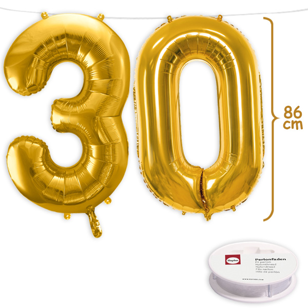 30. Geburtstag, XXL Zahlenballon Set 3 & 0 in gold, 86cm hoch