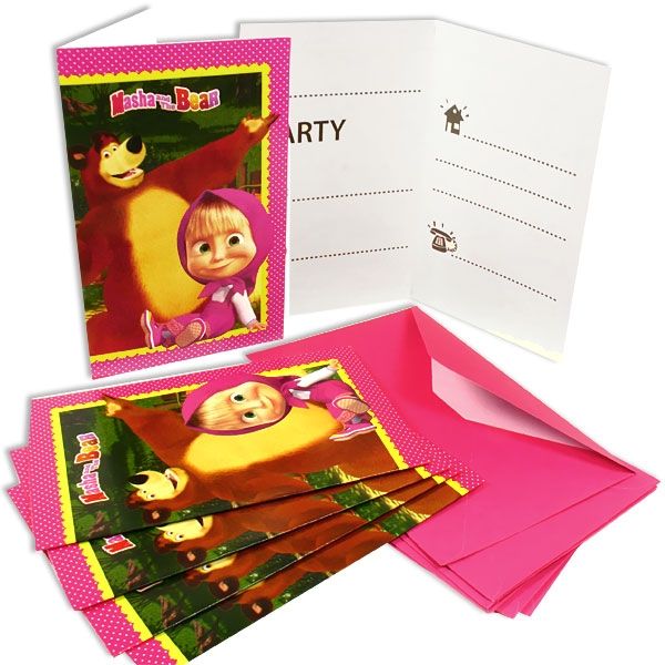 Mascha und der Bär Einladungskarten, 6er Pack inkl. Umschlägen in pink