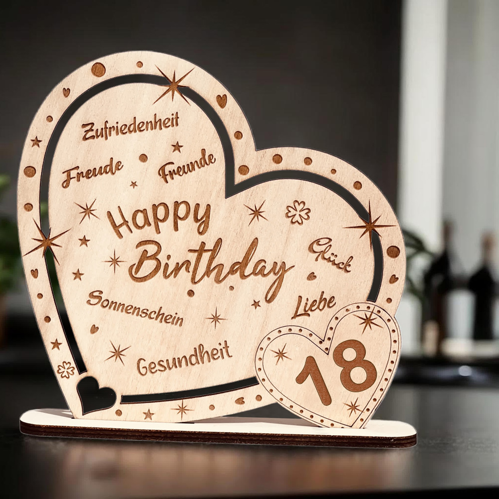 Kunstvoll graviertes Holz-Herz "Happy Birthday" mit Zahl 18, Geschenk & Deko zum Geburtstag