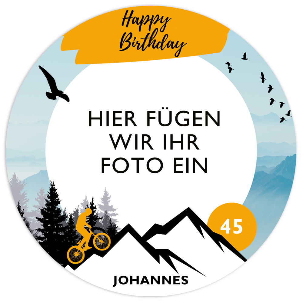 Tortenaufleger Foto „Mountain Bike“ Geburtstag Name u. Alter, rund, essbar, E20