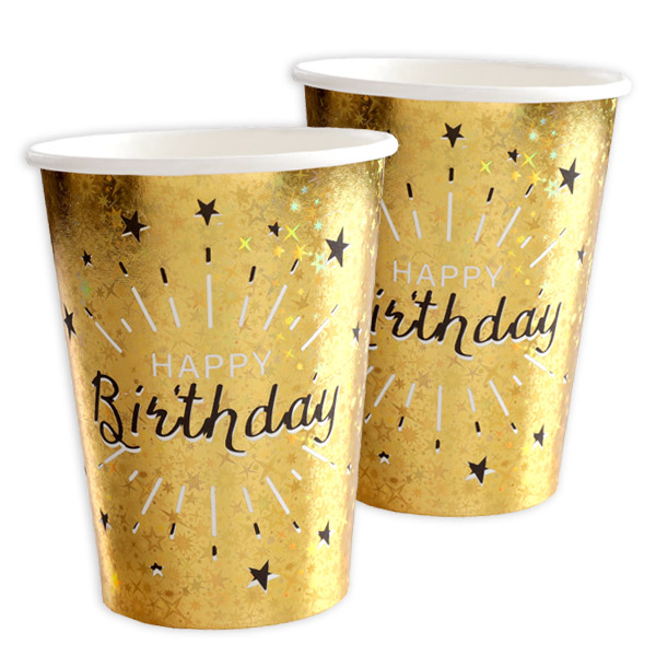 Pappbecher "Happy Birthday" in Gold, holografisch glitzernd, 10er Pack, 270ml