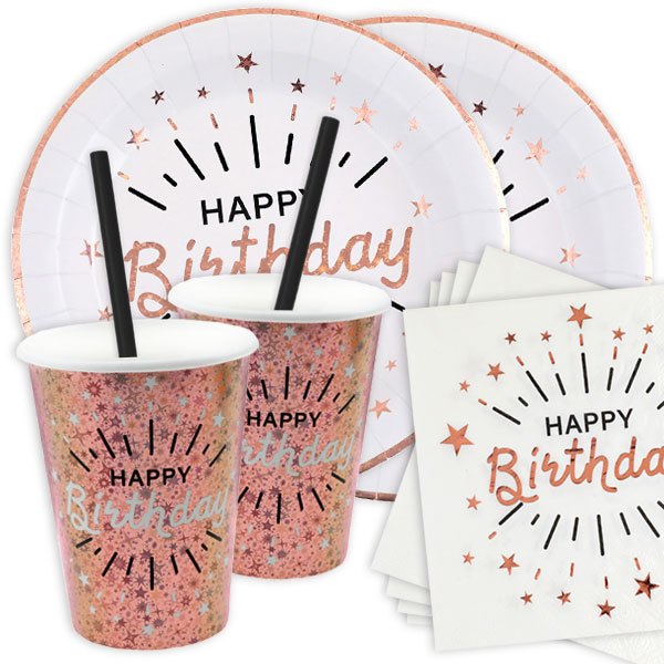 Basicset "Happy Birthday" in weiß-roségold glitzernd, 42-teilig für 10 Gäste