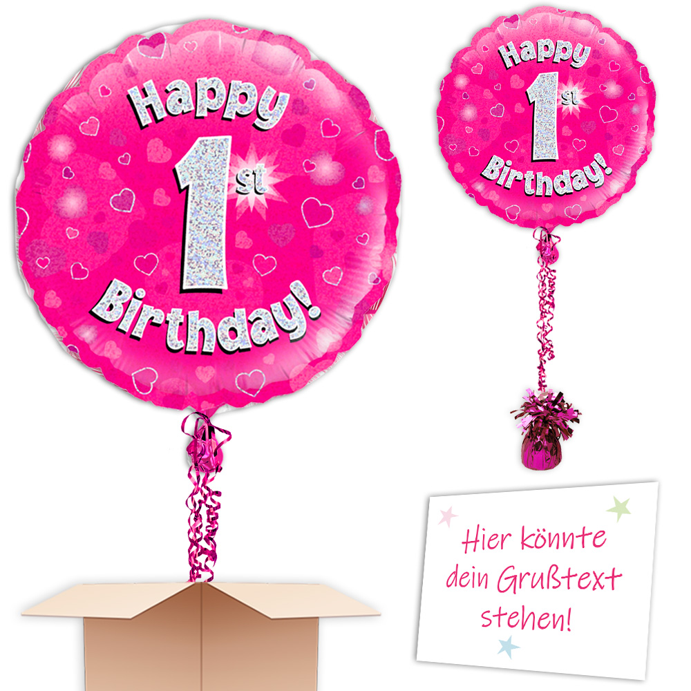 1. Geburtstag Mädchen in Pink als Folienballon im Karton verschenken