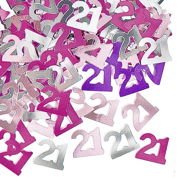 Happy Birthday - Glitzerkonfetti, Zahl 21 pink-silbern