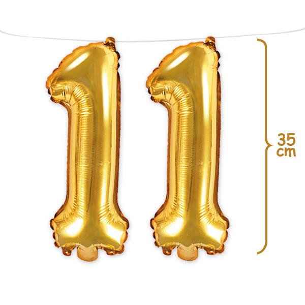 11. Geburtstag, Zahlenballon Set 1 & 1 in gold, 35cm hoch