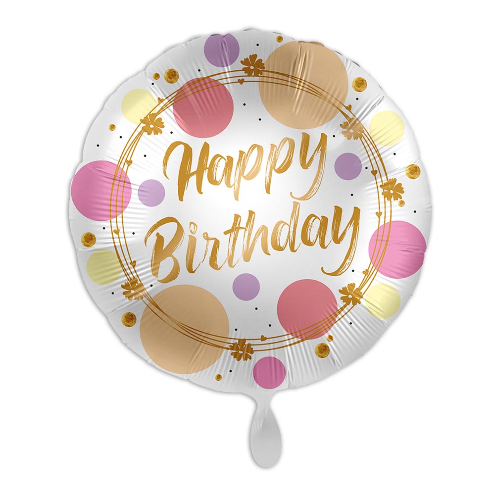 "Happy Birthday", Motivballon Shiny Dots, Heliumballon rund Ø 34 cm