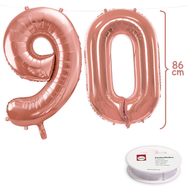 90. Geburtstag, XXL Zahlenballon Set 9 & 0 in roségold, 86cm hoch
