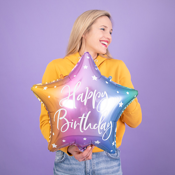 Folienballon "Happy Birthday" als Stern in regenbogenfarben, 40cm
