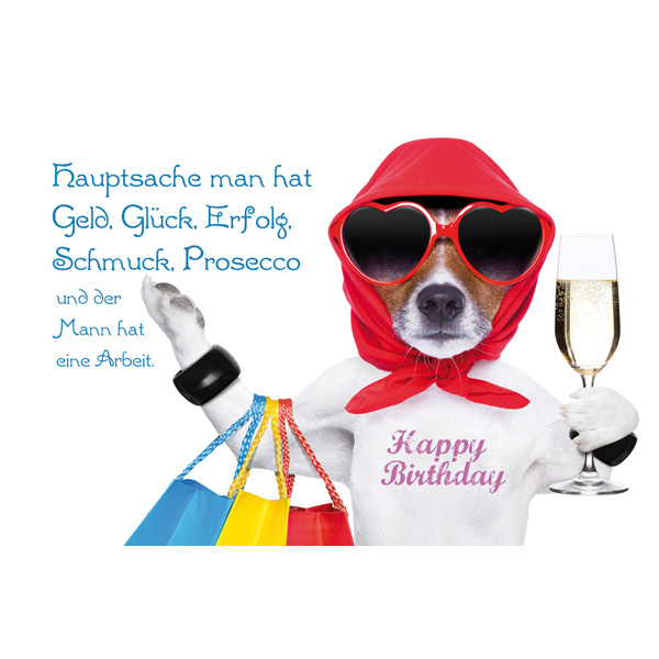 Happy Birthday Postkarte mit witzigem Spruch und Hundemotiv