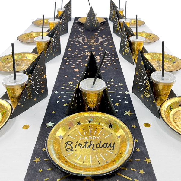 Happy Birthday Tischdeko Set in schwarz-gold, bis 20 Gäste, 106-teilig
