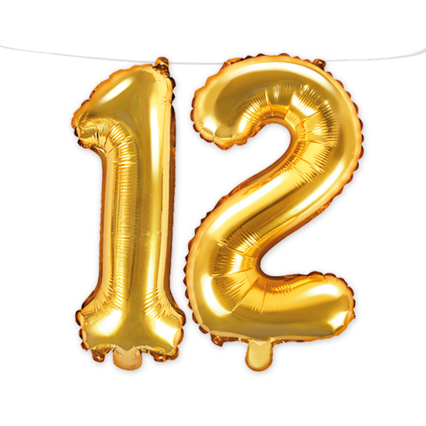12. Geburtstag, Zahlenballon Set 1 & 2 in gold, 35cm hoch