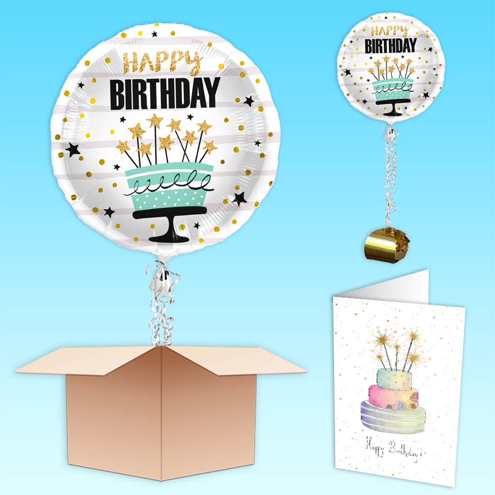 Ballongruß "Happy Birthday Torte", Folienballon im Karton