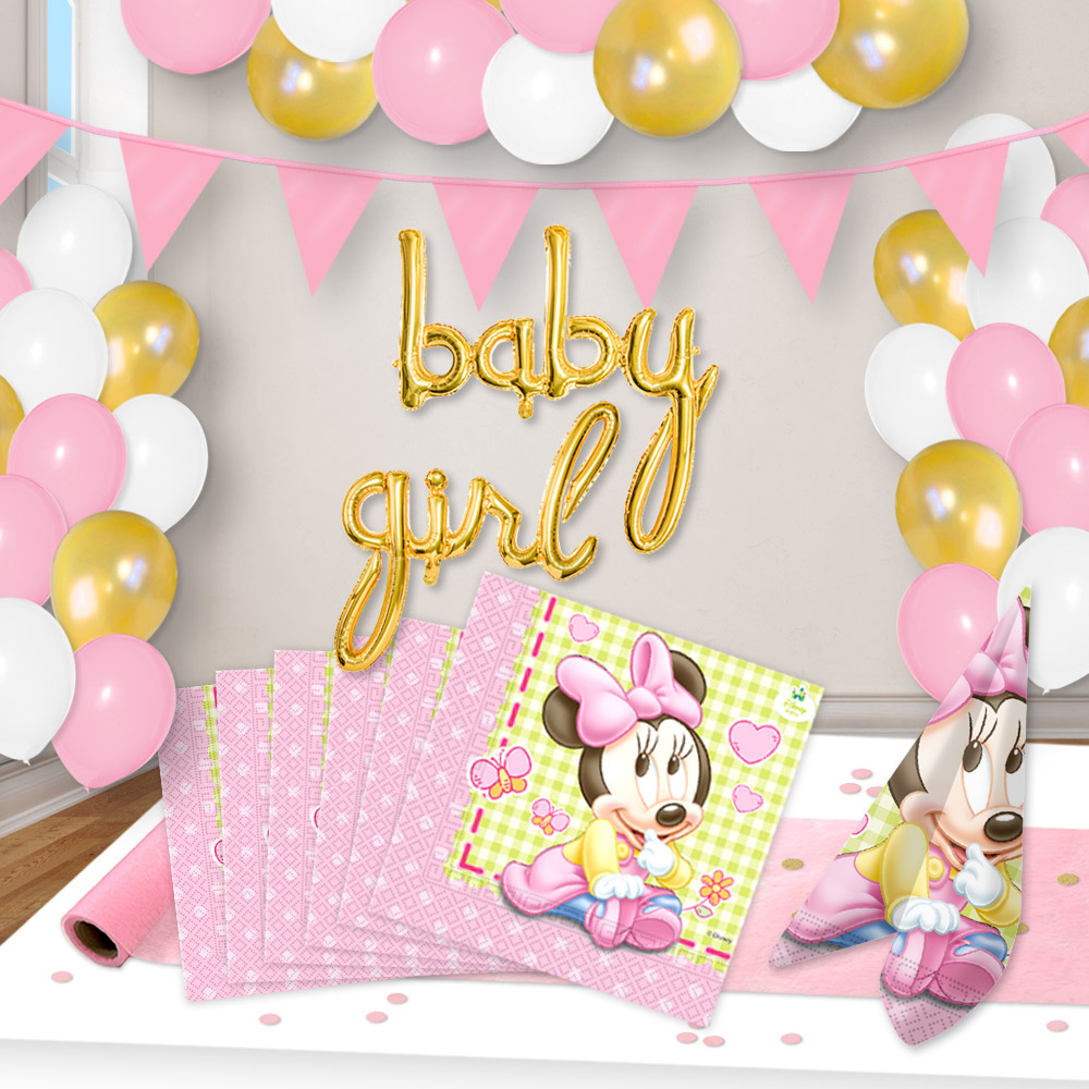 Baby Girl Raum+Tischdeko Spar Set bis 16 Gäste, Minnie Maus, 54-tlg.