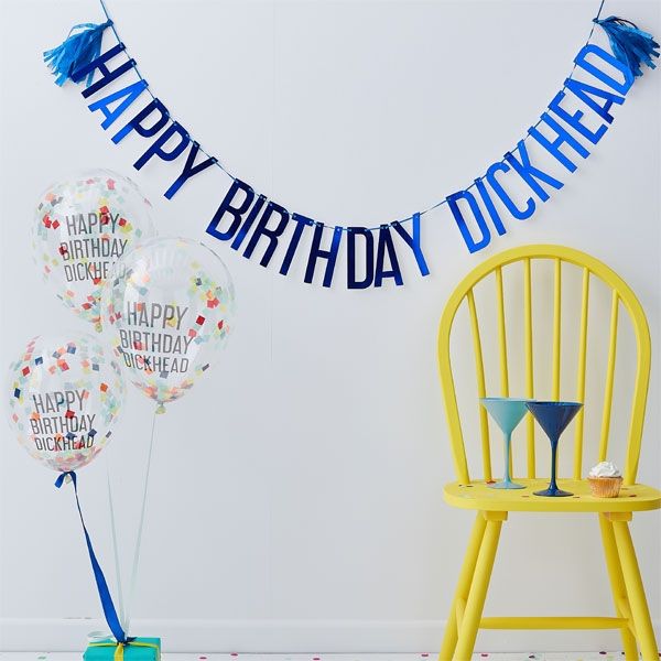 Happy Birthday Dickhead Buchstabenkette + 5 Ballons, Freches Banner