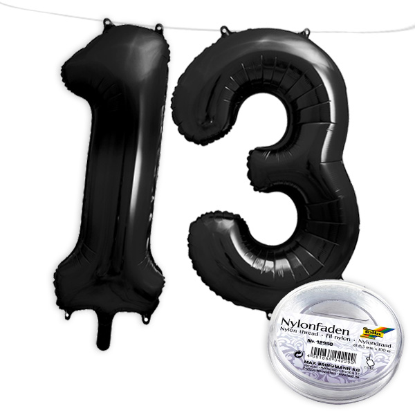 13. Geburtstag, XXL Zahlenballon Set 1 & 3 in schwarz, 86cm hoch