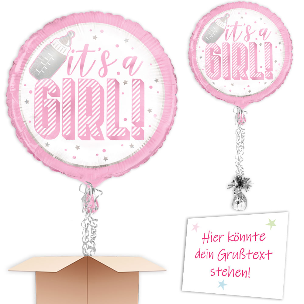 Ballongruß "It's a Girl" in pink, rund, Ø 35cm